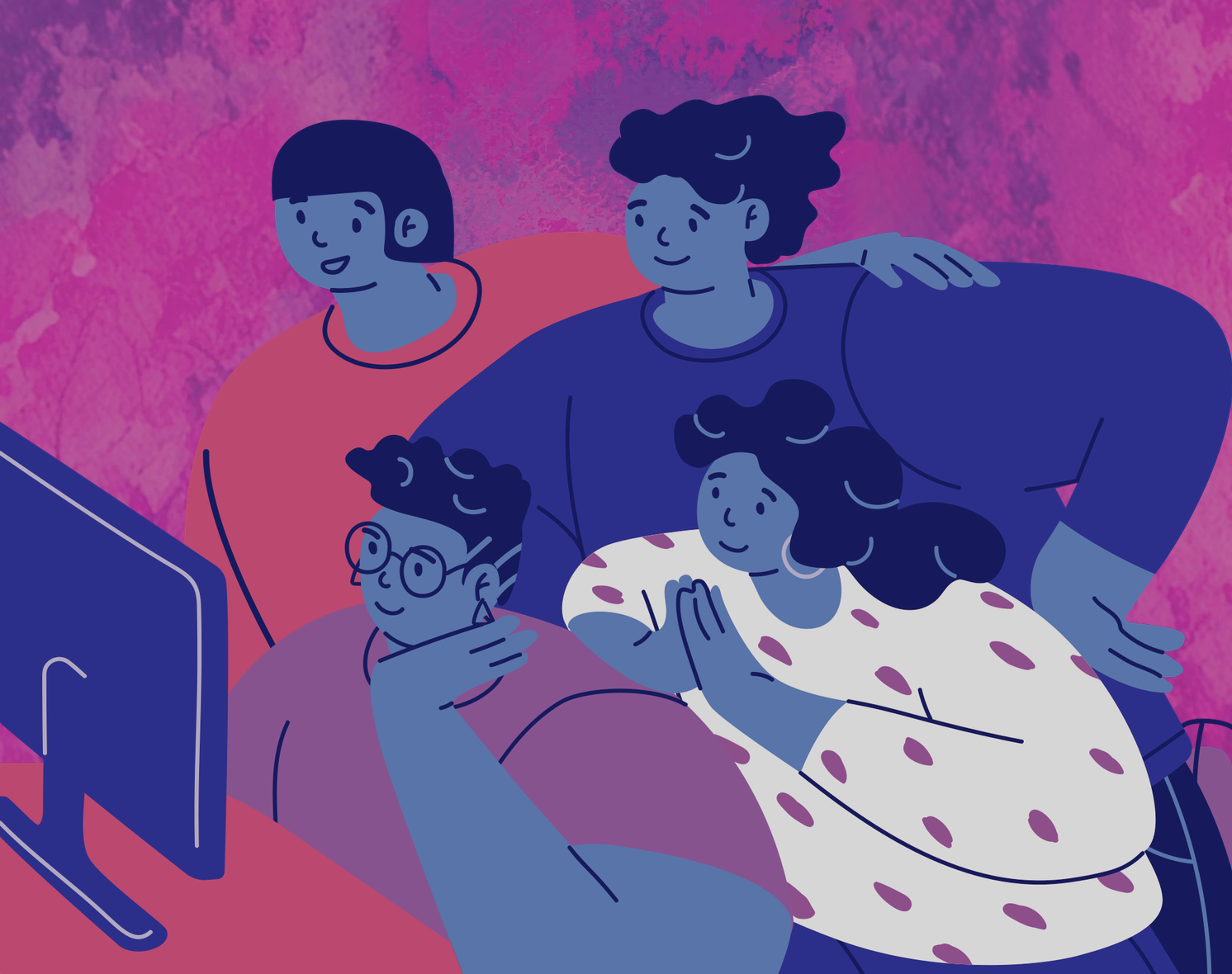 Ilustración de cuatro personas reunidas frente a una pantalla, observándola juntas. Una de ellas está sentada y las otras se agrupan a su alrededor. La imagen utiliza tonos azules, rosados y morados sobre un fondo fucsia texturizado.